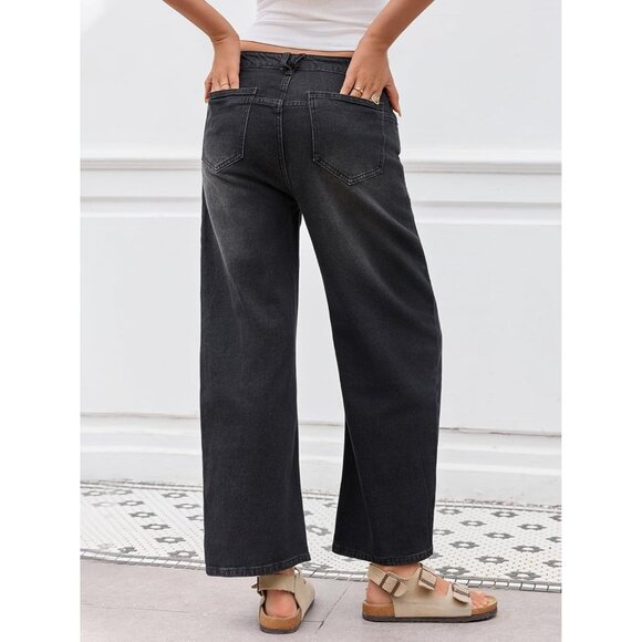 Women Jeans Stretch Denim Mid-Waist Wide Leg Cropped Casual Baggy Pants - Picture 3 of 6